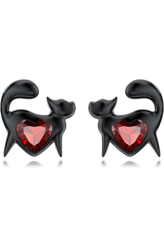 Natural Garnet Black Cat Stud Earrings for Women 925 Sterling Silver Genuine Garnet Jewelry Gifts