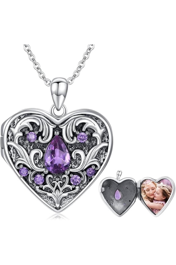 Natural Gemstone Heart Locket Necklace for Women 925 Sterling Silver Locket Necklace That Holds Pictures Photo Custom Lockets Jewelry Personalized Genuine Amethyst Locket Gifts