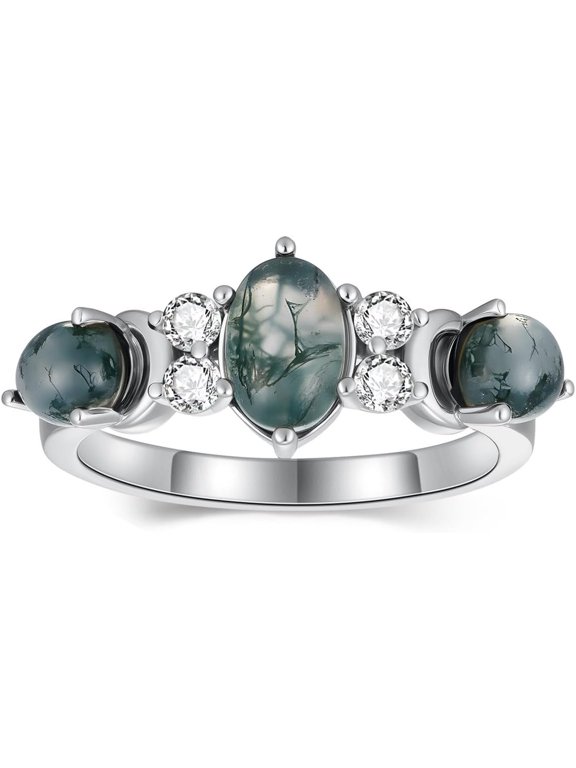 Natural Moss Agate Engagement Ring 1.5 Carat Oval Moss Agate and Moissanite Promise Ring Art Deco Moon Inspired Wedding Rings for Women S925 10K 14K 18K Gold Anniversary Birthday Jewelry Gifts