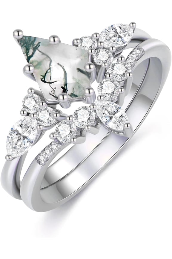 Natural Moss Agate Ring Set 1 CT Kite Cut Unique Moss Agate and Moissanite Promise Engagement Rings for Women 925 Sterling Silver White Gold Art Deco Wedding Bridal Set