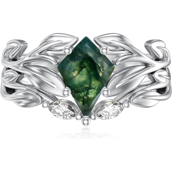 SISGEM Natural Moss Agate Ring for Women 925 Sterling Silver Leaf Band Rings with Genuine Moss Agate Jewelry Gifts