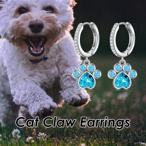 SISGEM Natural Topaz Cat Paw Earrings for Women 925 Sterling Silver Swiss Bule Topaz Hoop Earrings Dog or Cat Paw Print Earrings Dog Cat Charms Pet Animal Jewelry for Pet Lover