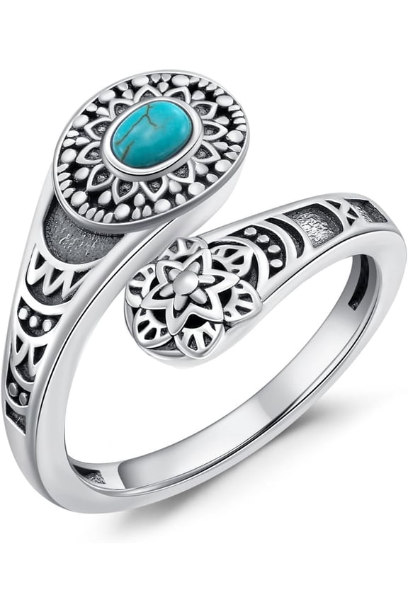 Natural Turquoise Spoon Ring for Women 925 Sterling Silver Vintage Boho Thumb Rings Oxidized Wrap Ring Victorian Style Antique Floral Jewelry Gifts