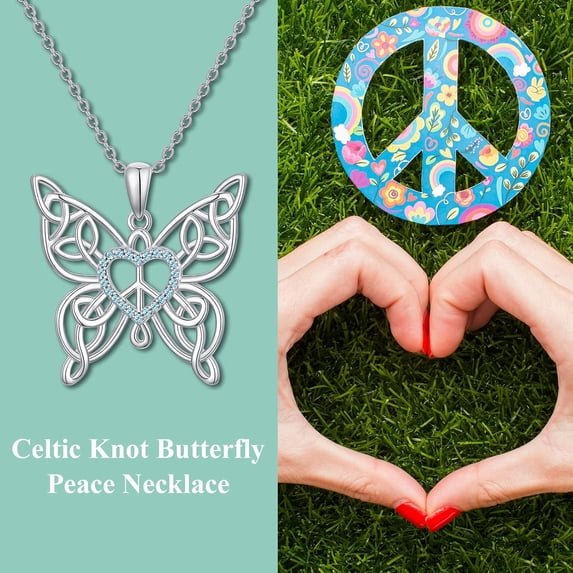SISGEM Peace Sign Necklace 925 Sterling Silver Celtic Knot Butterfly Pendant Necklace Peace Heart Jewelry Gift for Women