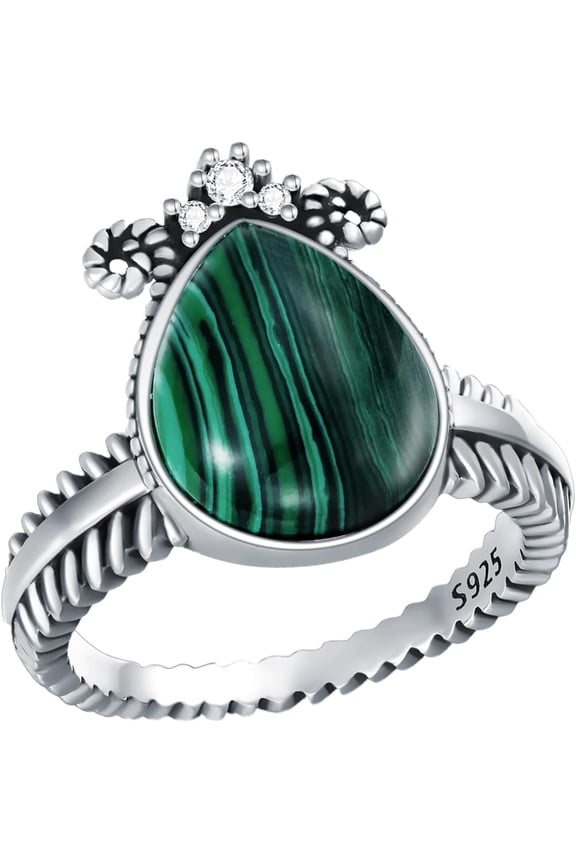 Pear Malachite Ring 925 Sterling Silver Malachite Stone Ring for Women Size 8