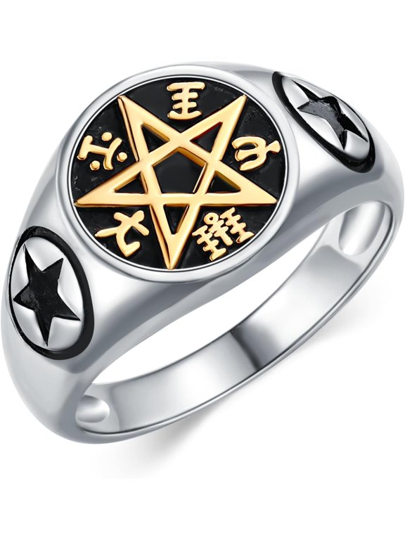 Pentagram Ring Size 8/9/10/11/12 925 Sterling Silver Pentacle Round Signet Band Ring for Men Women