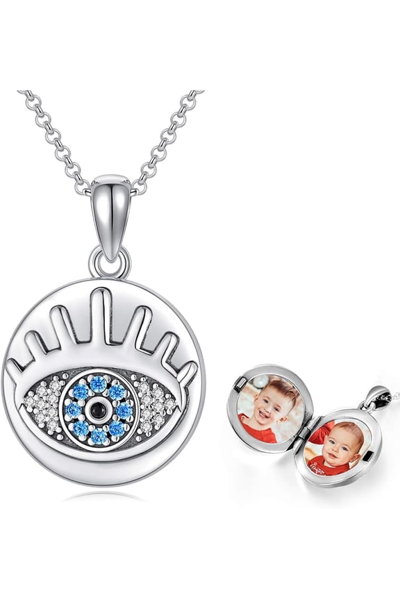Personalized Sunflower/Evil Eye/Guardian Angel Photo Locket Necklace That Holds 2 Pictures Sterling Silver Customized Heart Shaped Photo Locket Necklace for Women
