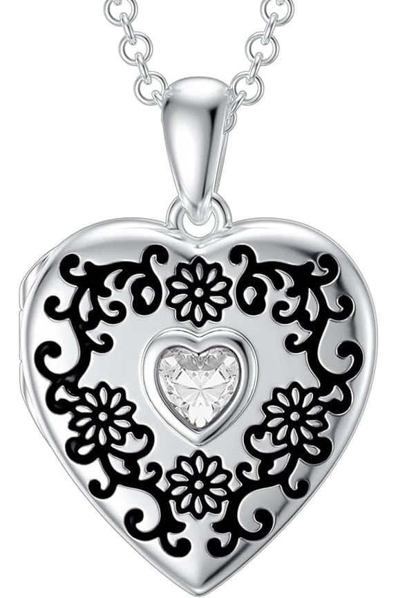 Personalized White Gold/Silver Sunflower Birthstone Locket Necklace That Holds 1 Picture Photo Heart Locket with Cubic Zirconia Heart Birthstone Crystal