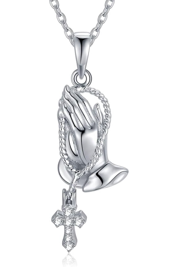 Praying Hands with Cross Pendant Necklace for Women Men, 925 Sterling Silver Religious Christian Jewelry