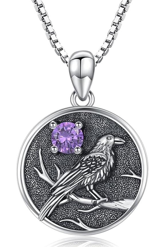 Raven Pendant Necklace with Synthetic Birthstone Sterling Silver Crow Round Necklace Gift for Women