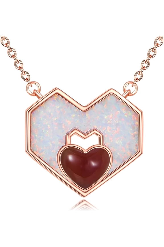 Red Agate Heart Necklace for Women, 925 Sterling Silver Plated 18K Rose Gold Opal Heart Pendant Necklace, Exquisite Jewelry Anniversary Birthday Gift for Wife Girlfriend Mom, 18+2 Inch