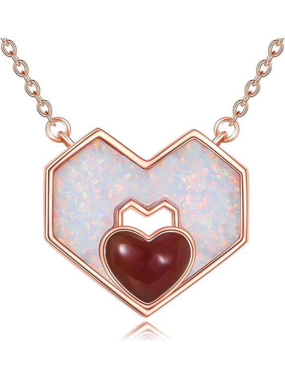Red Agate Heart Necklace for Women, 925 Sterling Silver Plated 18K Rose Gold Opal Heart Pendant Necklace, Exquisite Jewelry Anniversary Birthday Gift for Wife Girlfriend Mom, 18+2 Inch