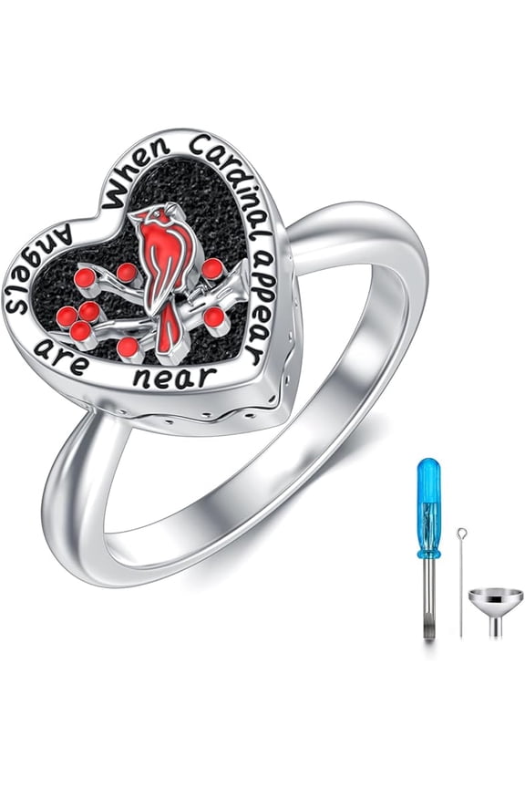 Red Cardinal Urn Rings 925 Sterling Silver Red Bird Urn Ring Ashes Memorial Ring Keepsake Cremation Jewelry Our Love Never Dies Gifts for Women Mom Size 5-9