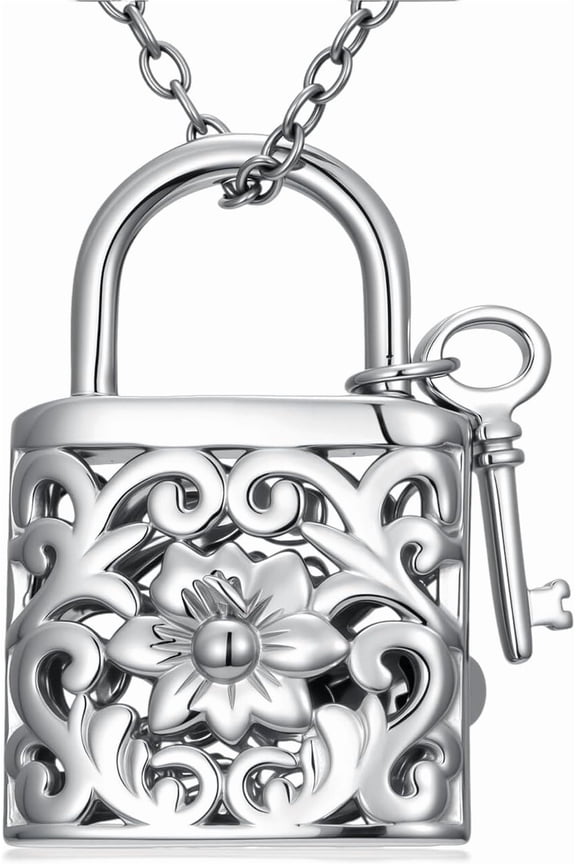 S925 Sterling Silver Lock Pendant Necklace for Women, Vintage Filigree Flower Lock Locket Necklace with Mini Key, Anniversary Birthday Jewelry Gift for Mom Wife