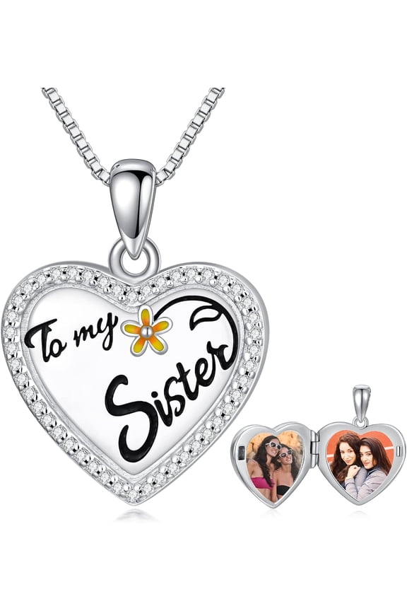 Sister Heart Locket Necklace 925 Sterling Silver Heart Locket Necklace That Hold Picture Brithday Day for Sister BFF