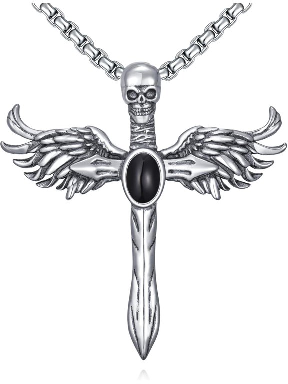 Skull Sword Necklace for Men 925 Sterling Silver Black Onyx Sword Pendant Dagger Necklace Gothic Rock Skull Jewelry Gift for Husband Brother