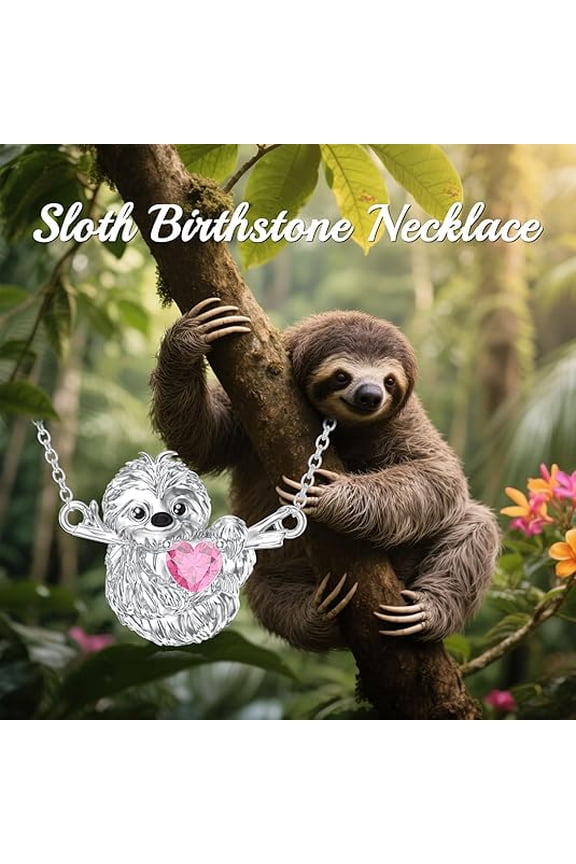 Sloth Necklace 925 Sterling Silver Cute Sloth Pendant with Heart Birthstone Jewelry for Women Christmas Gifts