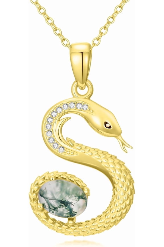 Snake Necklace 14K Gold Plated Natural Moss Agate Gold Snake Pendant Necklace - Dainty Oval Green Agate Serpent Jewelry Gifts for Women Animal Lovers 18+2"