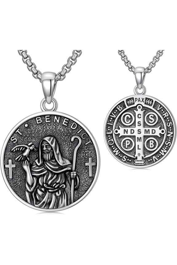 St Benedict Medal Pendant Necklace 925 Sterling Silver Catholic Patron Saint Benedict Pendant Religion Jewelry for Men Women, Stainless Steel Chain 22"+2"