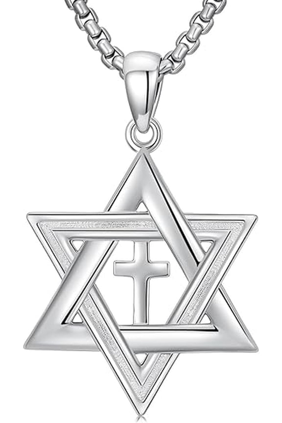 Star of David Cross Necklace 925 Sterling Sliver Jewish Star Pendant Necklace for Men Women, w/Stainless Steel Chain 22+2