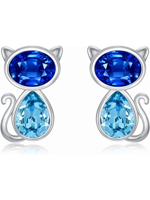 Sterling Silver Cat stud Earrings, Blue Purple Crystals from Austria, Cute Pet Kitten Kitty Cat Gifts for Cat Lovers, Anniversary Birthday Cat Jewelry Gifts for Women-1