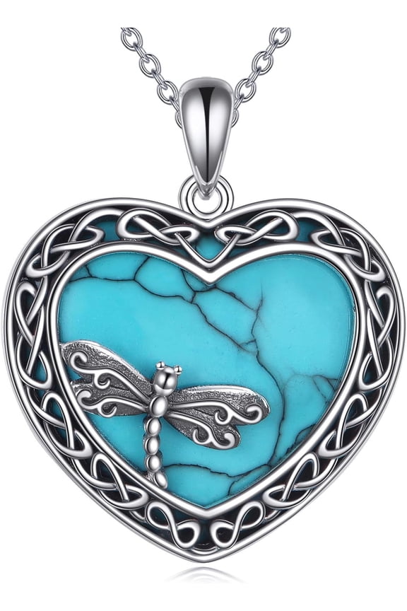 Sterling Silver Celtic Knot Heart Turquoise Dragonfly Pendant Necklace for Women Genuine Pendant Chain for Bridal Jewelry Gift Birthday Valentine's Day Christmas for Her