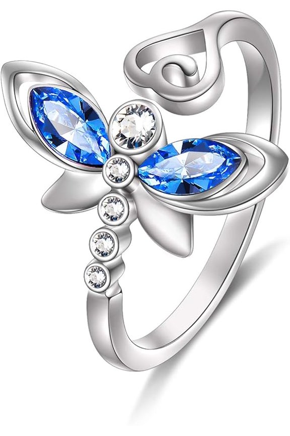 Sterling Silver Dragonfly Adjustable Open Ring, Crystals from Austria, Adorable Insects in My Little Garden Series, Fine Jewelry Gifts for Women