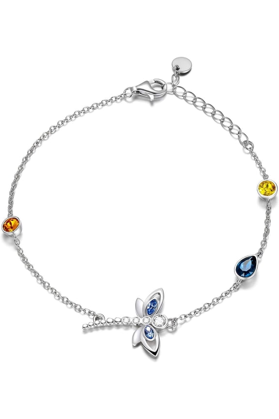 Sterling Silver Dragonfly Bracelet Embellished with Crystals from Austria, Adorable Insects in The Garden Series, Anniversary Birthday Multicolor Dragonfly Jewelry Gifts for Women-1