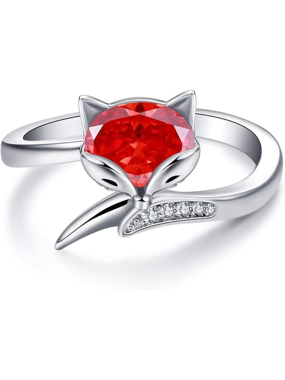 Sterling Silver Fox Ring for Women, Simulated Aquamarine Birthstone Crystal from Austria, Animal Fox Tail Adjustable Open Ring, Anniversary Birthday Fox Jewelry Gifts for Foxes Lovers
