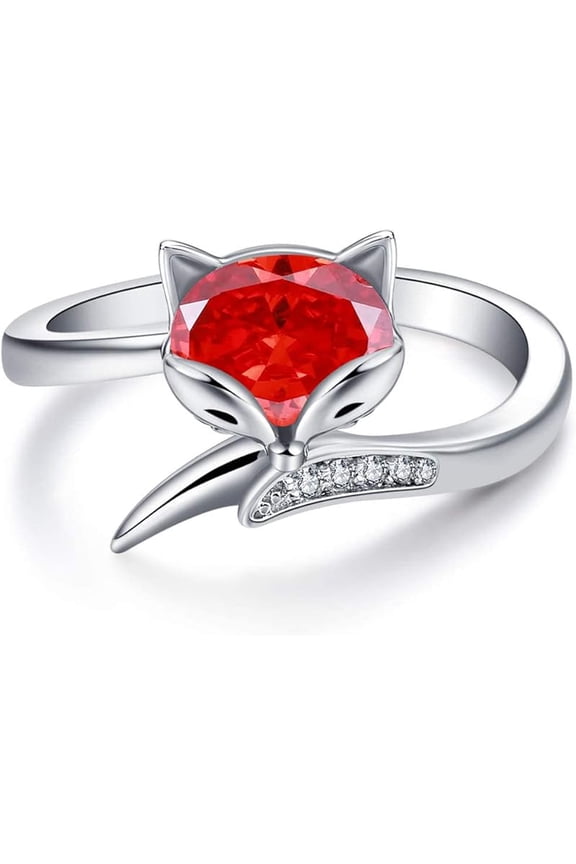 Sterling Silver Fox Ring for Women, Simulated Aquamarine Birthstone Crystal from Austria, Animal Fox Tail Adjustable Open Ring, Anniversary Birthday Fox Jewelry Gifts for Foxes Lovers