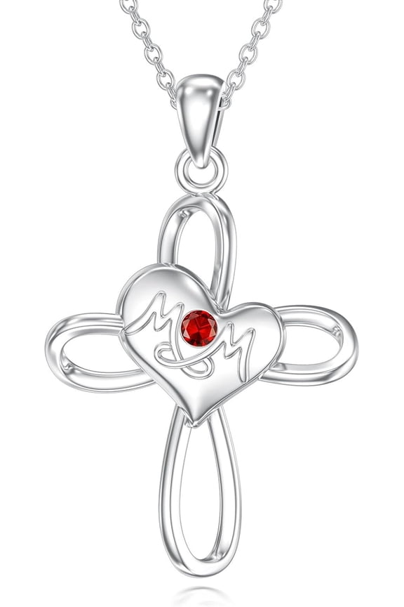 Sterling Silver Heart MOM Necklace Women's Cross Necklace Red Ruby Pendant for Women Mother Chain Jewelry Birthday Mother's Day Christmas Gift for Her
