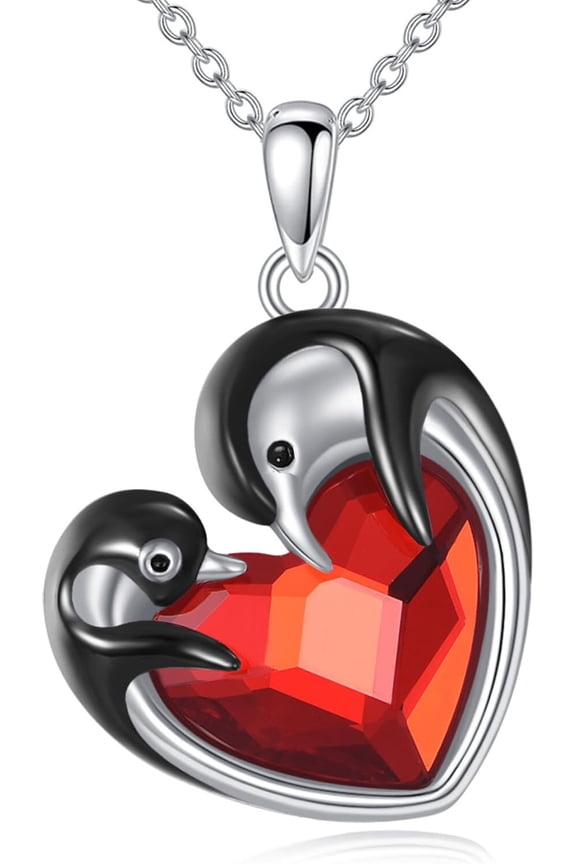 Sterling Silver Heart Ruby Penguin Mom Pendant Necklace Women's Mother Pendant Jewelry Gift Birthday Valentine's Day Christmas for Her