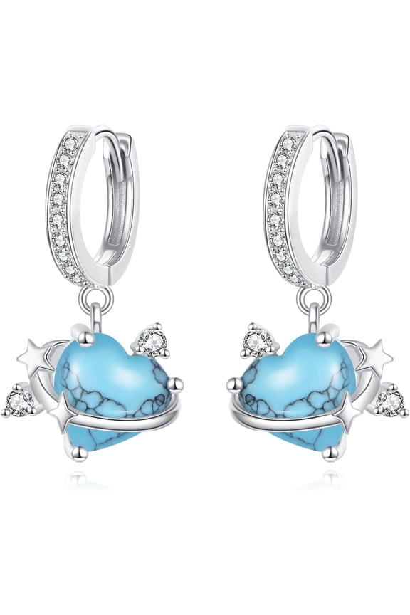 Sterling Silver Heart Turquoise Moissanite Star Space Dangling Earrings for Women Bridal Drop Jewelry Earrings Birthday Valentine's Day Christmas Gift
