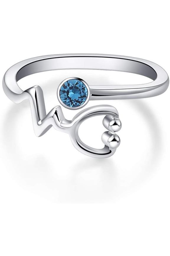 Sterling Silver Heartbeat EKG Stethoscope Ring Embellished with Simulated Birthstone Crystal from Austria, Medical Jewelry for Doctor Nurse Medical Student RN Nurse Gifts for Women