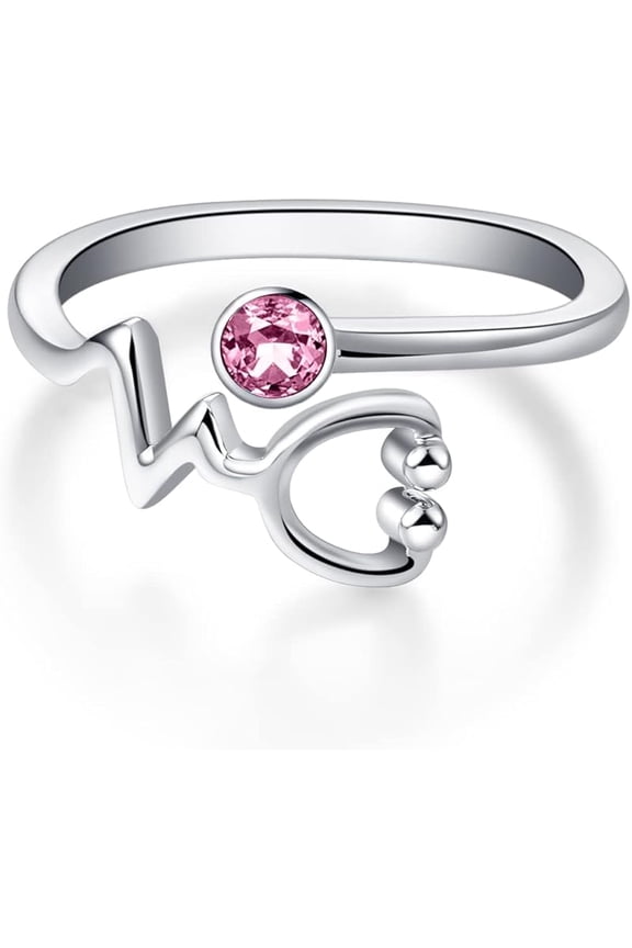 Sterling Silver Heartbeat EKG Stethoscope Ring Embellished with Simulated Birthstone Crystal from Austria, Medical Jewelry for Doctor Nurse Medical Student RN Nurse Gifts for Women