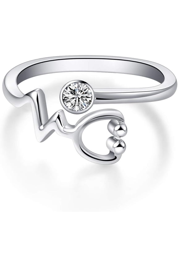 Sterling Silver Heartbeat EKG Stethoscope Ring Embellished with Simulated Birthstone Crystal from Austria, Medical Jewelry for Doctor Nurse Medical Student RN Nurse Gifts for Women