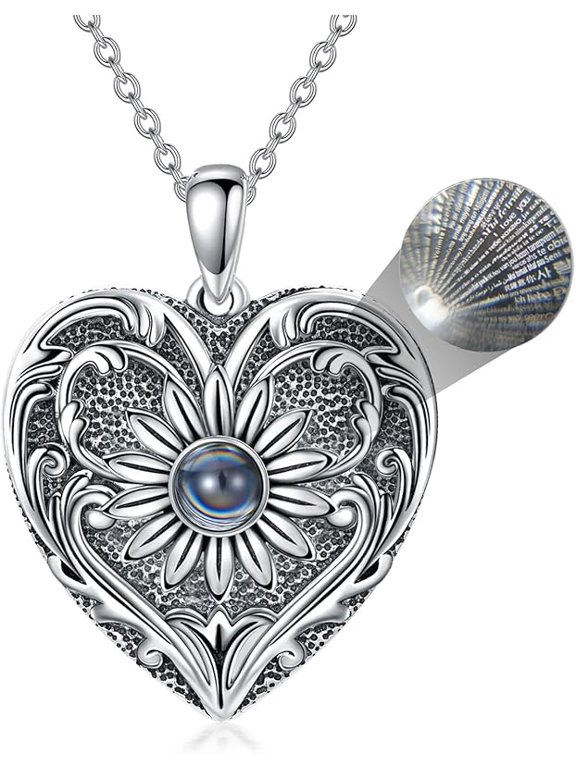 Sterling Silver Sunflower Necklace with Opal/Malachite/Pearl Shell/100 Languages Projection Stone Personalize Heart Photo Pendant Necklace