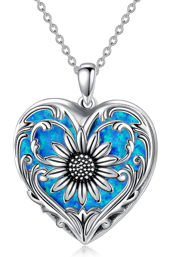 Sterling Silver Sunflower Necklace with Opal/Malachite/Pearl Shell/100 Languages Projection Stone Personalize Heart Photo Pendant Necklace