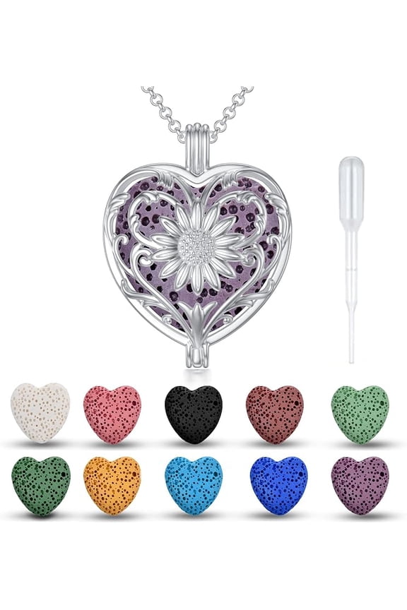 Sterling Silver Sunflower/Rose Aromatherapy Necklace Essential Oil Diffuser Locket Pendant with 10 Colors Volcanic Lava Stones for Women