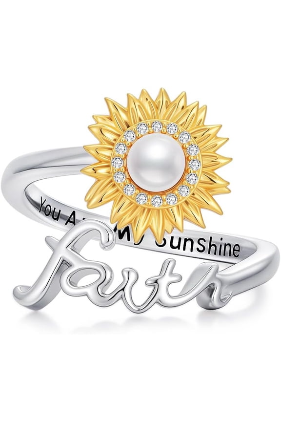 Sunflower Ring for Women 925 Sterling Silver Sunflower Faith Ring Freshwater Pearl You are My Sunshine Adjustable Open Band Rings Jewelry Gifts for Mom Wife