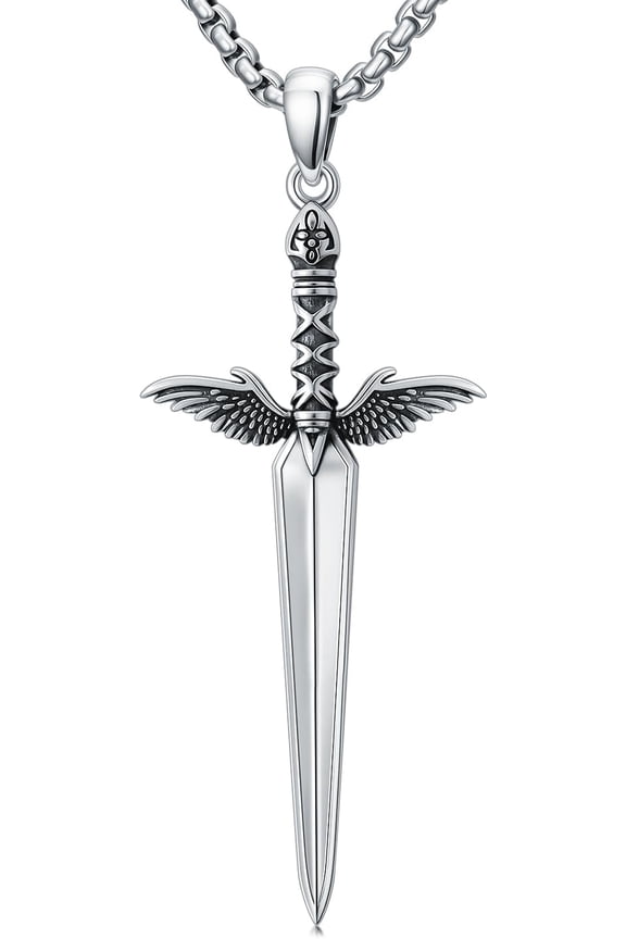 Sword Necklace 925 Sterling Silver Angel Wing Cross Pendant Gothic Jewelry Gifts for Men, w/Stainless Steel Chain 22+2