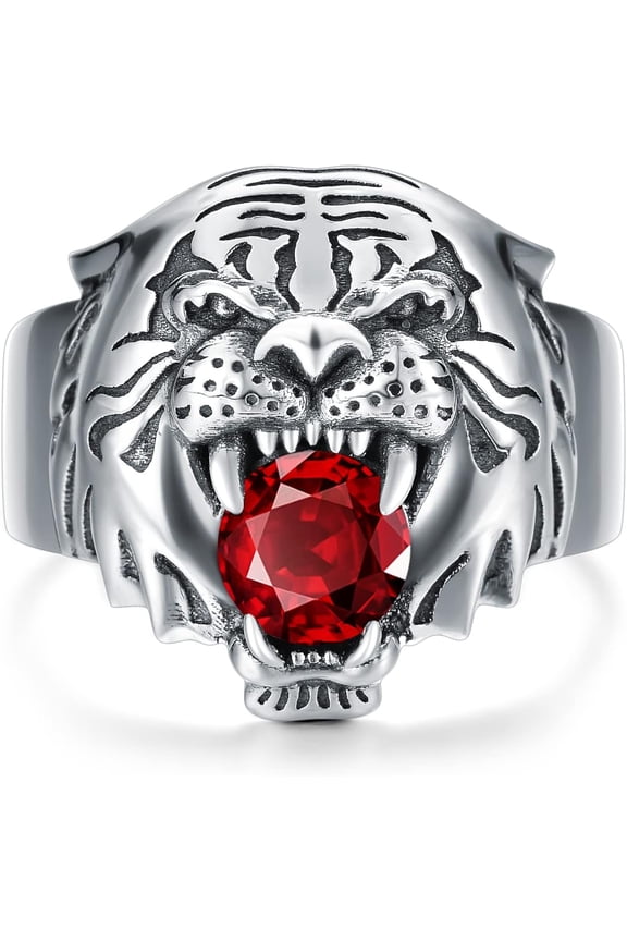Tiger Head Ring for Men Sterling Silver Ruby Ring Vintage Gothic Biker Roaring Lion Head Animal Rings Punk Lion Jewelry Gift for Men