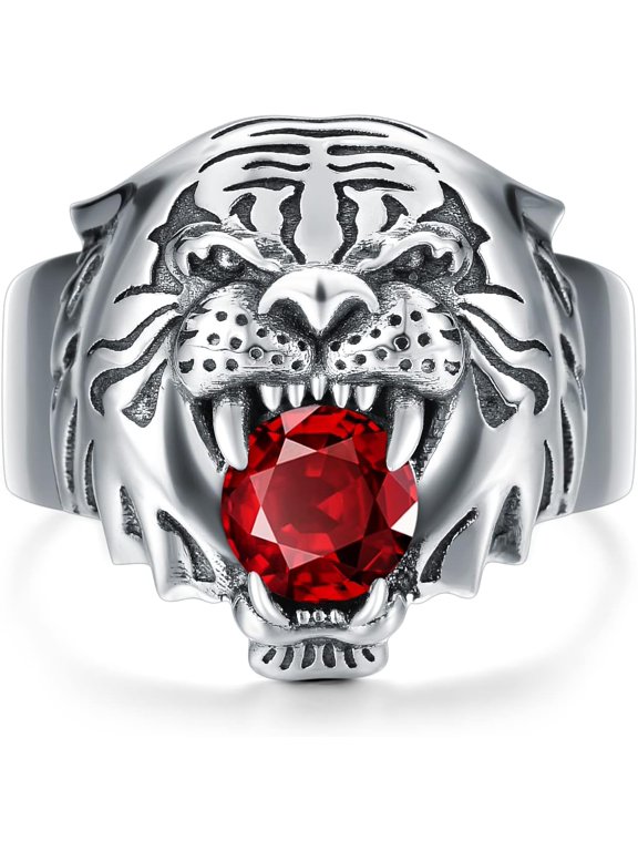 Tiger Head Ring for Men Sterling Silver Ruby Ring Vintage Gothic Biker Roaring Lion Head Animal Rings Punk Lion Jewelry Gift for Men