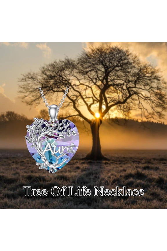 Tree of Life Purple Crystal Aunt Pendant Necklace 925 Sterling Silver Heart Niece Jewelry Birthday Gifts for Women Her