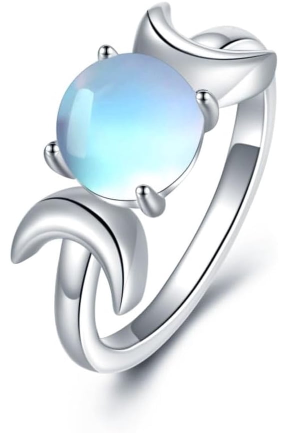 Triple Goddess Cresent Moon Ring for Women, 925 Sterling Silver Natural Moonstone June Birthstone Jewelry Engagement Adjustable Rings Size 5-12