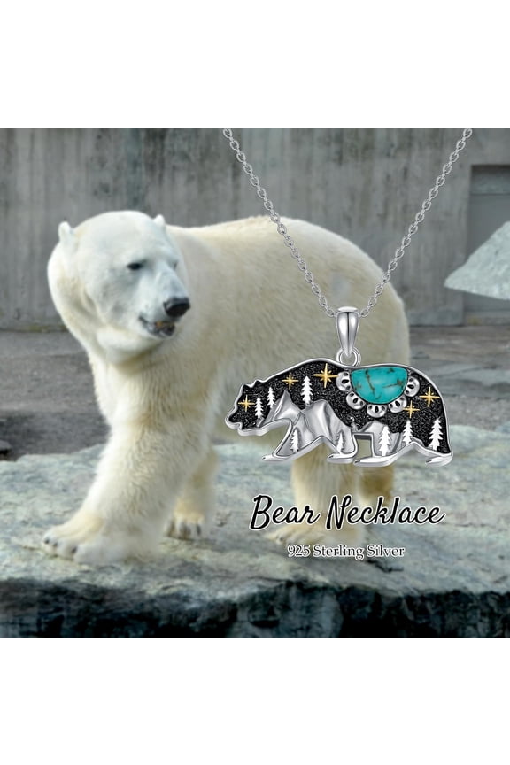Turquoise Bear Necklace 925 Sterling Silver Genuine Blue Turquoise Vintage Nature Bear Pendant Western Jewelry Gifts for Women