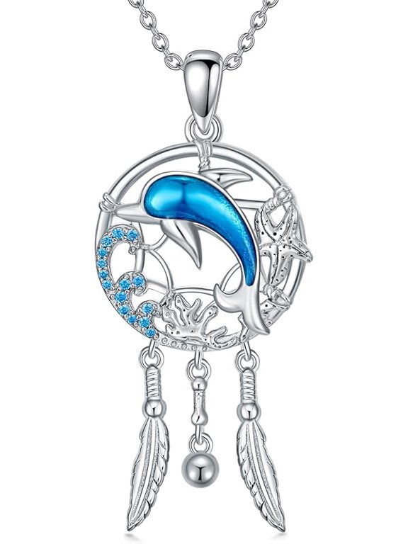 Turtle/Dolphin/Seahorse/Octopus Ocean Pendant Necklace 925 Sterling Silver Beach Dream Catcher Jewelry Gifts for Christmas Birthday for Women