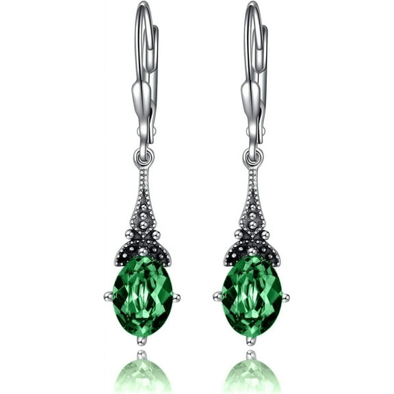 SISGEM Vintage Earrings for Women Sterling Silver Retro Drop Dangle Leverback Earrings with Oval Cut Genuine Stone Crystal from Austria, Anniversary Birthday Jewelry Gifts for Women