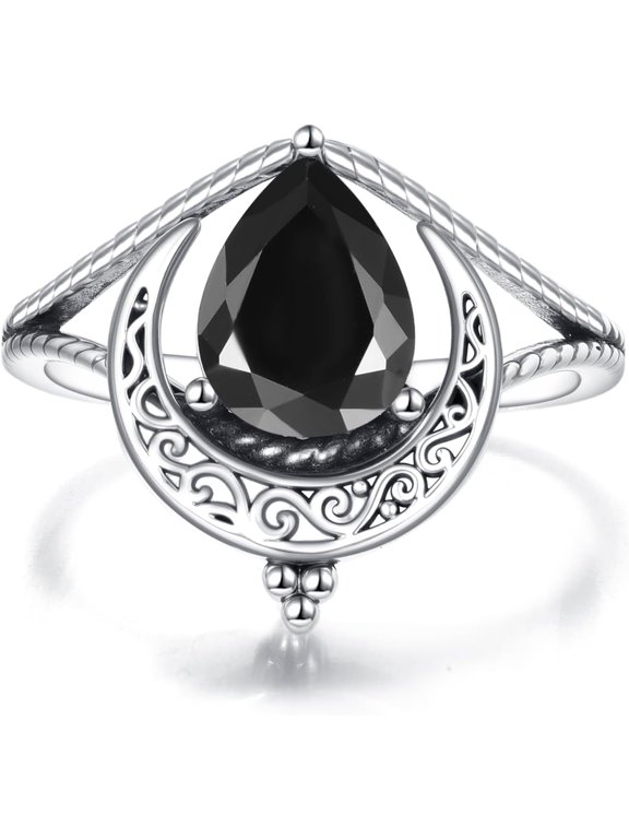 Vintage Moon Ring 925 Sterling Silver Retro Filigree Crescent Teardrop Black Stone Ring Jewelry Gifts for Women US Size 5-13