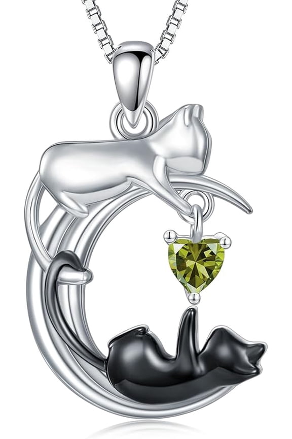 White Cat and Black Cat Moon Pendant Necklace Sterling Silver Cat Necklace Jewelry Gift for Women